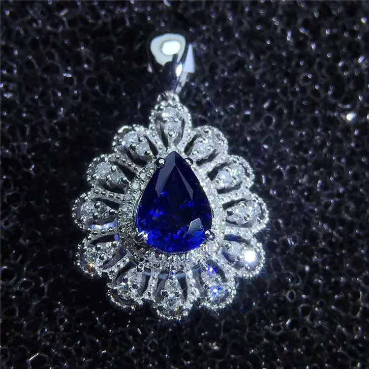 

18k gold South Africa real diamond 0.95ct natural blue pear facetted cut sapphire necklace pendant for women