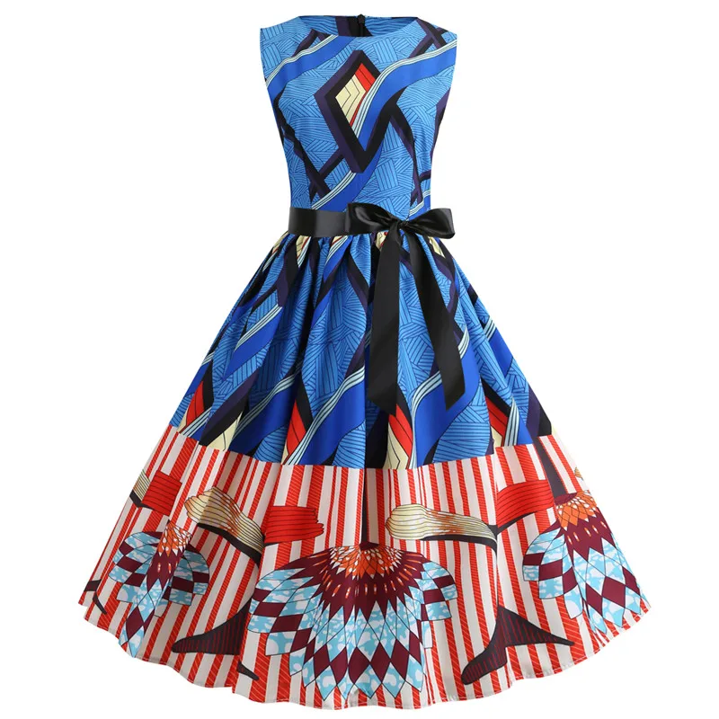 Summer dress Women Sexy Party Ball Print robe femme Sleeveless Waist Belt Vintage Ladies dress 2019 New Hepburn style Dress