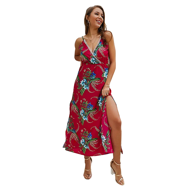 

New Fashion Ladies Dress V Neck Red Slit Dress Pattern Floral Maxi Dress