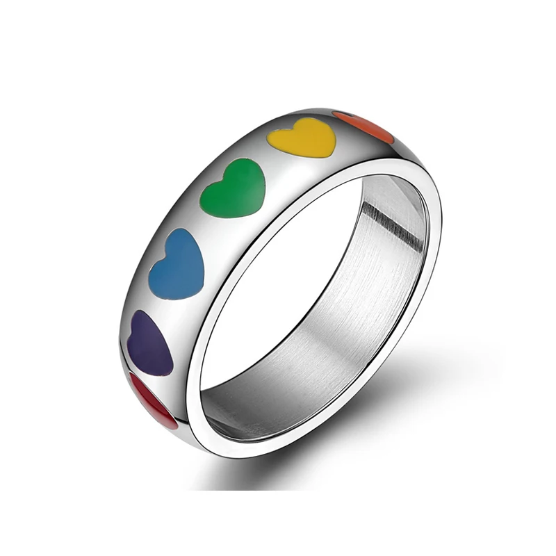 

Gay and lesbian LGBT pride jewelry rainbow heart wedding band ring