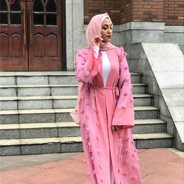 

Hot Sale New style Arabic Malaysia Islamic muslim woman's plain patched color front open abaya jilbab with hairballs and belt, Customized color