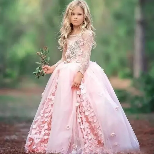 

ZH1763Q Pink Kids 3D flower applique Pageant Dresses Sheer Neck Kids Long Lace Flower Girls Dress for Wedding Birthday Gowns, Customer made