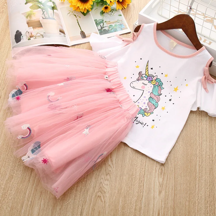 

Kids Girls Summer Clothes Set Unicorn Printed Toddler Baby Clothes Set Cute Unicorn Embroidery Tutu Skirt Sets 2019 New Style, As picture