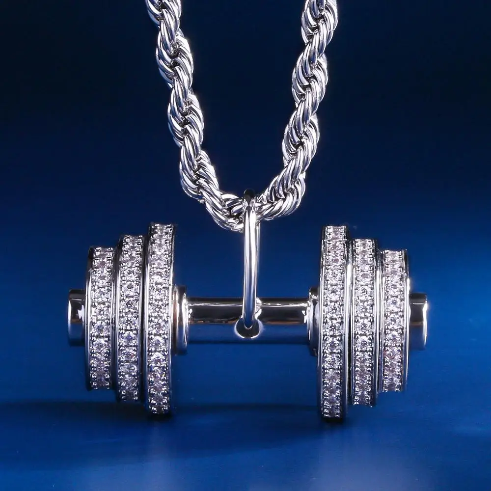 

KRKC&CO Hip Hop Jewelry for Men for Wholesale White Gold Iced Out Shiny Dumbbell Pendant