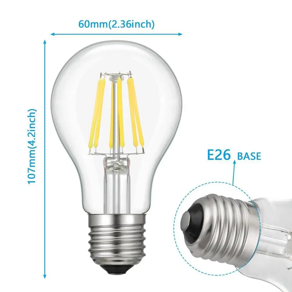Vintage High Brightness LED Edison Filament Bulbs A60 6W, Equivalent 60W High Brightness/