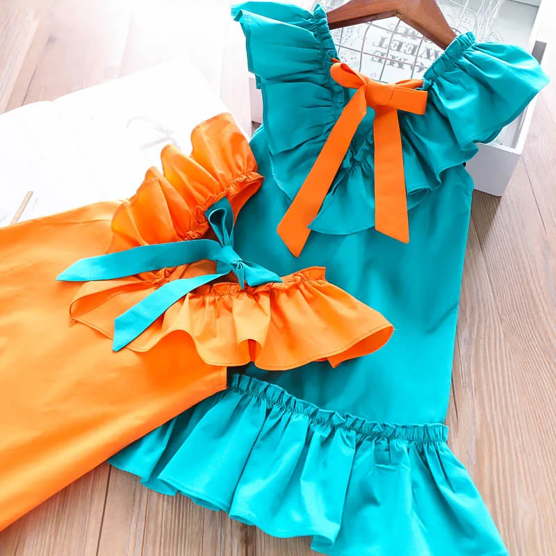 

2019 new Wholesale summer Girls kids solid orange blue bowknot dress, N/a