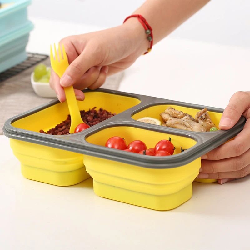 
BPA Free Food Grade Leakproof Silicone Collapsible 3 Compartment Bento Lunch Box Folding Silicone Food Container 