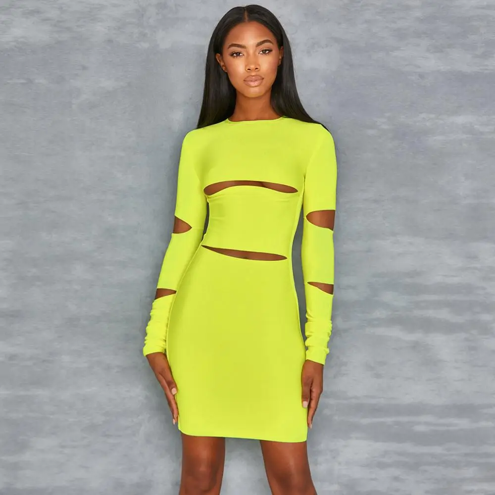 

2019 Wholesale prom modest hot sexy woman ladies long sleeve neon green dress