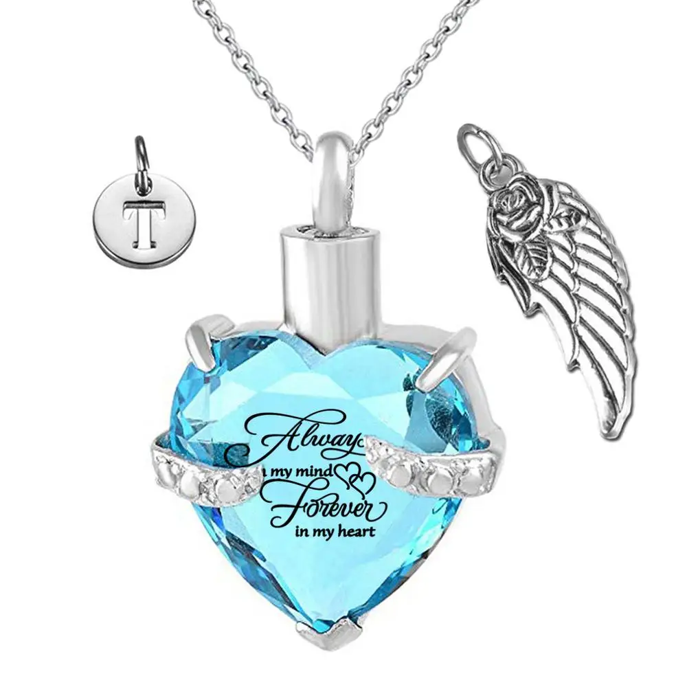 

Forever in my Heart Angel Wing and Birthstone December Crystal Charm Cremation Keepsake Memorial Urn Necklace, Silver