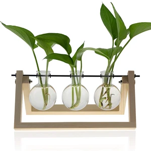 Image of Wholesale Glass Vases Desktop Clear Glass Planter Bulb Vases with Vintage Style Wood & Metal Decoration Vases