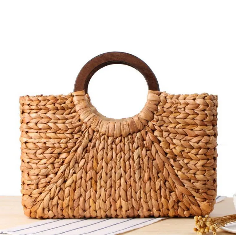 

Handmade Corn Husk Female Handbags Beach Rattan Vacation Bag with Wood Handle Polyester Lining Straw Bag