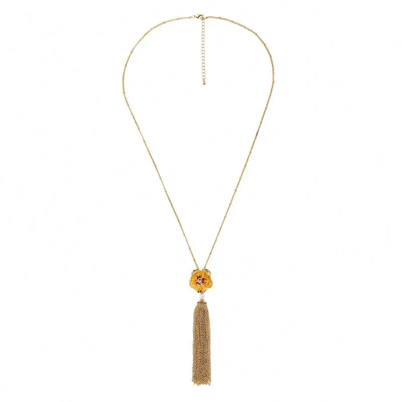 

long memorial Flower and Metal Chains Tassel Pendant Necklace