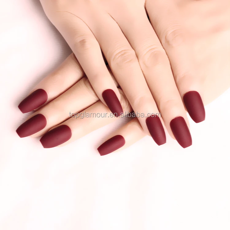 

JP820-Y2 Quick Nail Art Matte Coffin / Ballerina Super Sticky Pre Glued Press On Nails, Matte wine red