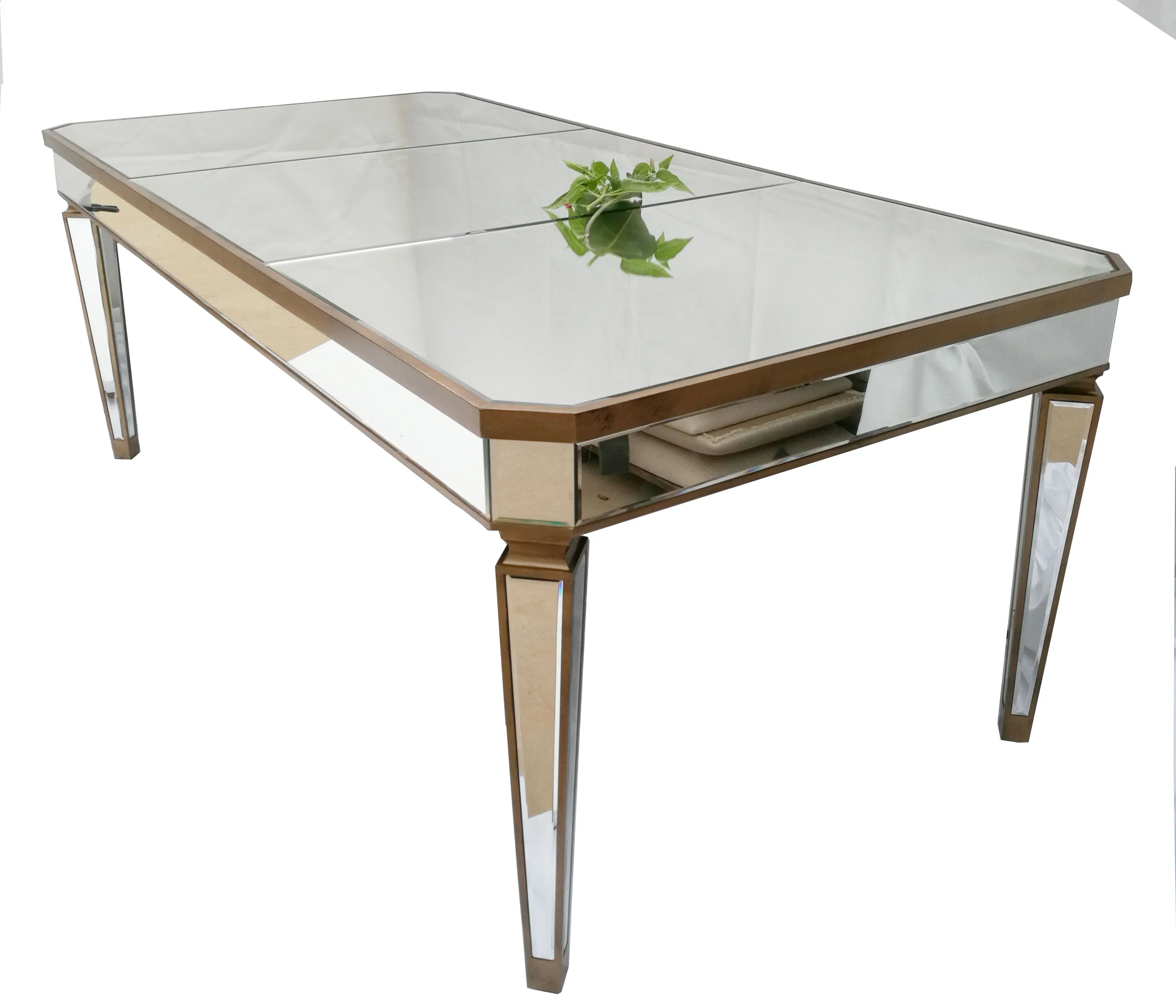 
New Arrival Factory Price 12 Person Antique Gold Wood Trimming Rectangle Mirrored Event Wedding Dining Table Furniture 