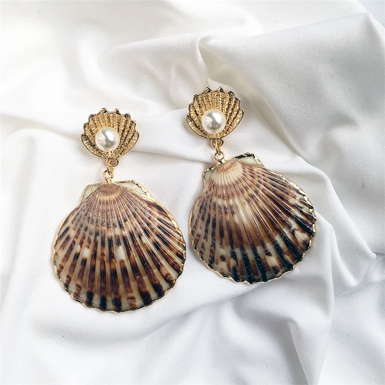 

Fashion Seashell Sea Shell Dangle Earrings Arete Luxury Vintage Style Brown Color Natural Shell Drop Earrings For Women, As picture