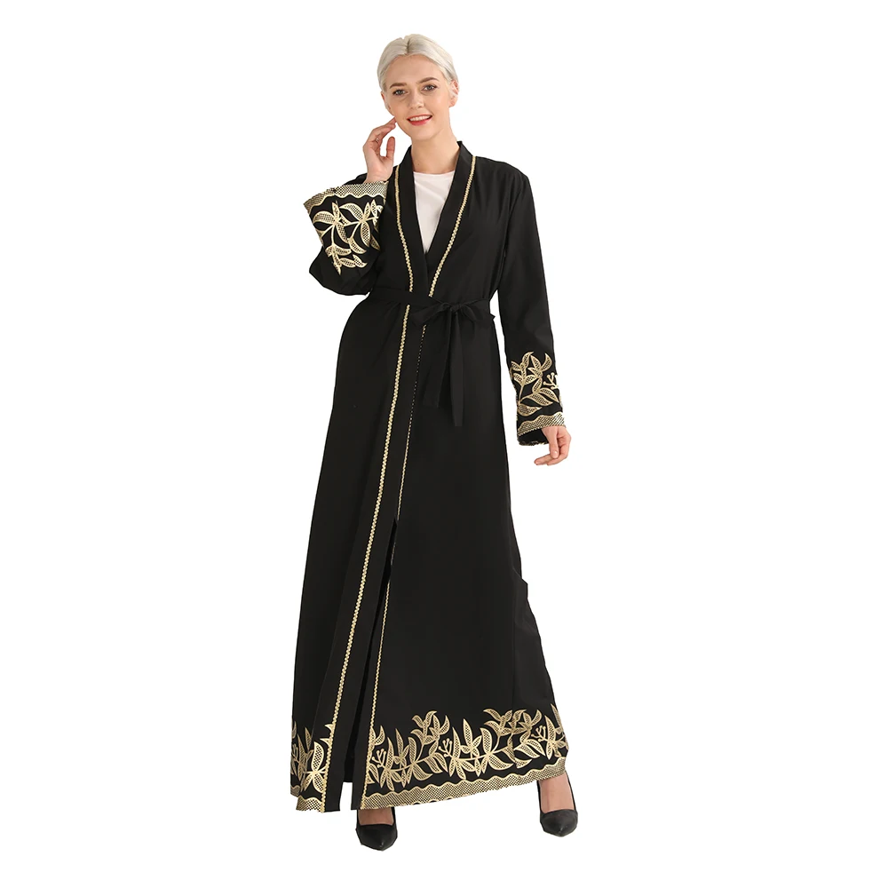 

2019 Women Dubai Islamic Clothing Soft Crepe Golden Flower Printing Dubai Open Abaya, Black