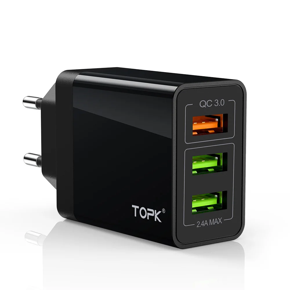 

TOPK 30W 3 Port Fast Charging Mobile Cell Phone EU QC3.0 USB Wall Charger, Black/white