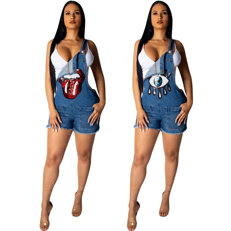 

90425-MX34 New Look Sequined Short Women Denim Rompers Jeans