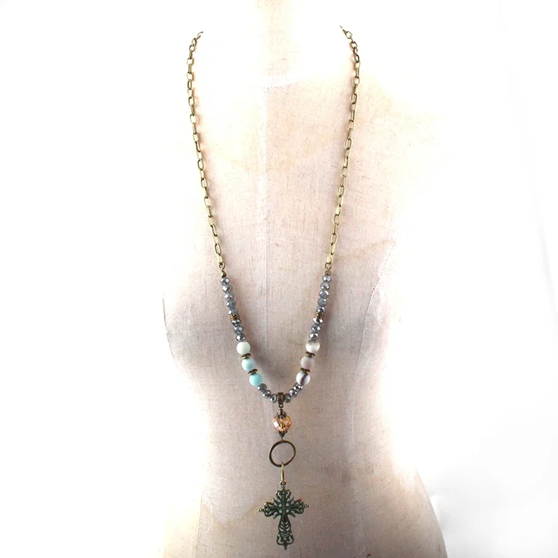 

Women Statement Summer Necklace Amazonite Circle Pendant Crystal Glass beads necklace Bronze Chain Cross Necklace