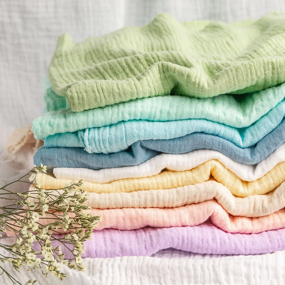 
New colors in stock soft crinkly texture 100 cotton double layered gauze muslin baby fabric for blanket 