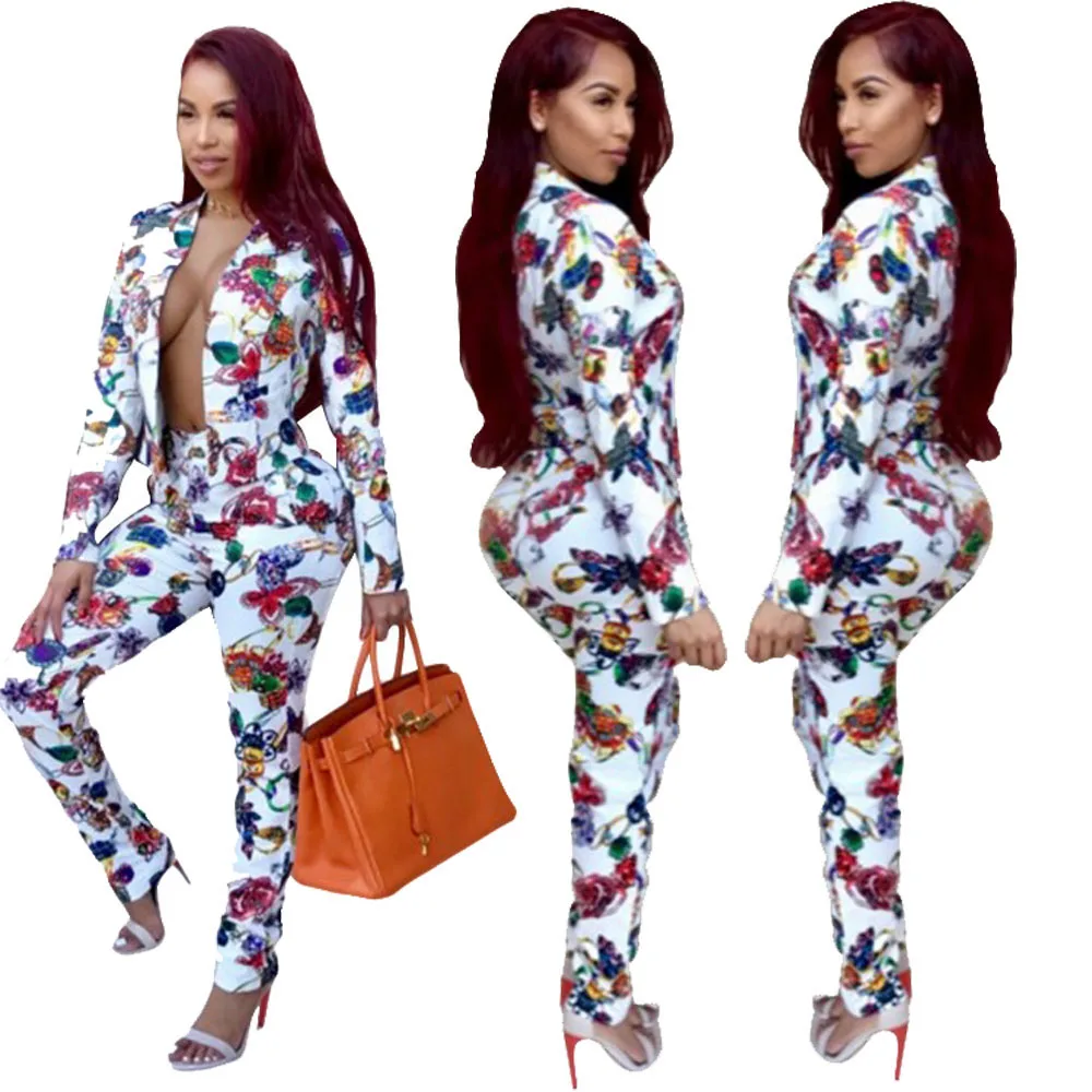 

SAK9106 floral print short coat and pencil pants casual 2 piece women outfit set, As photo showed