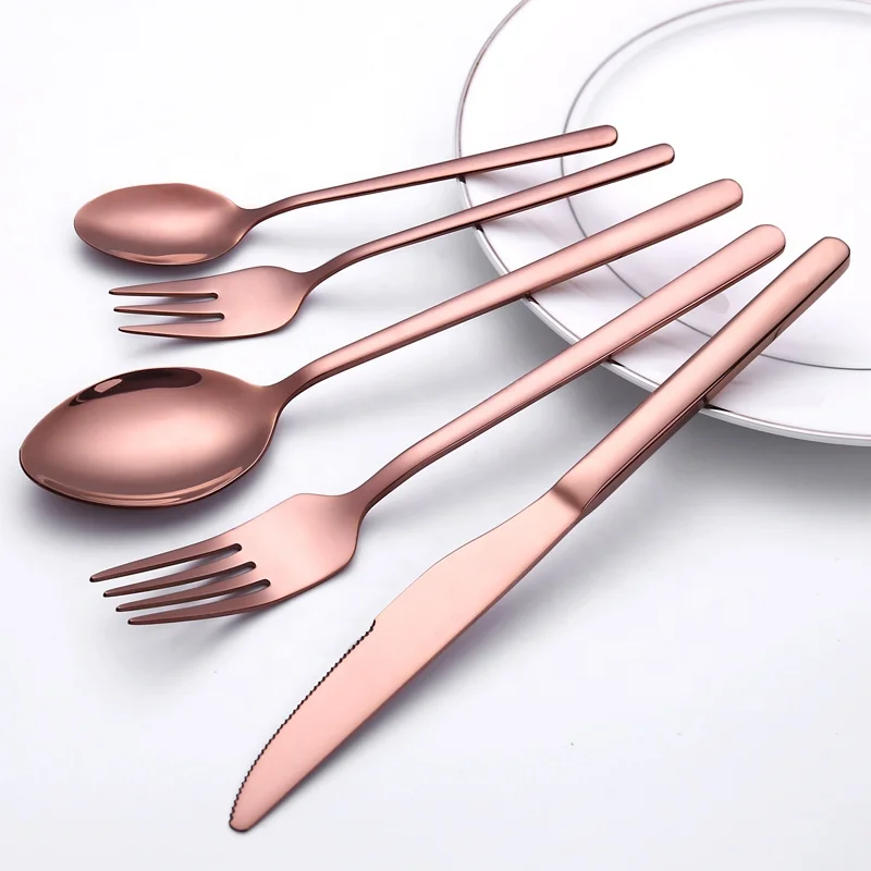 

Wholesale Rose Gold Vintage Hotel Stainless Steel Gold Travel Spoon Fork Knife Cutlery Sets Luxury Wedding Gift