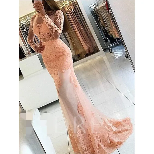 

Mermaid Scoop Sleeveless Appliques Beading Brush Train Evening party Open customized Peach Long Sleeve Prom dress MPA375