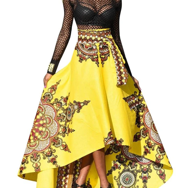 

Attractive African Style Printed High Waist Loose Strap Tuxedo Long Skirt For Woman