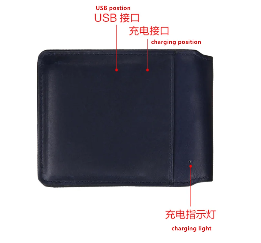 

Hot selling anti-theft alarm power bank charging men leather wallet smart, Black/blue