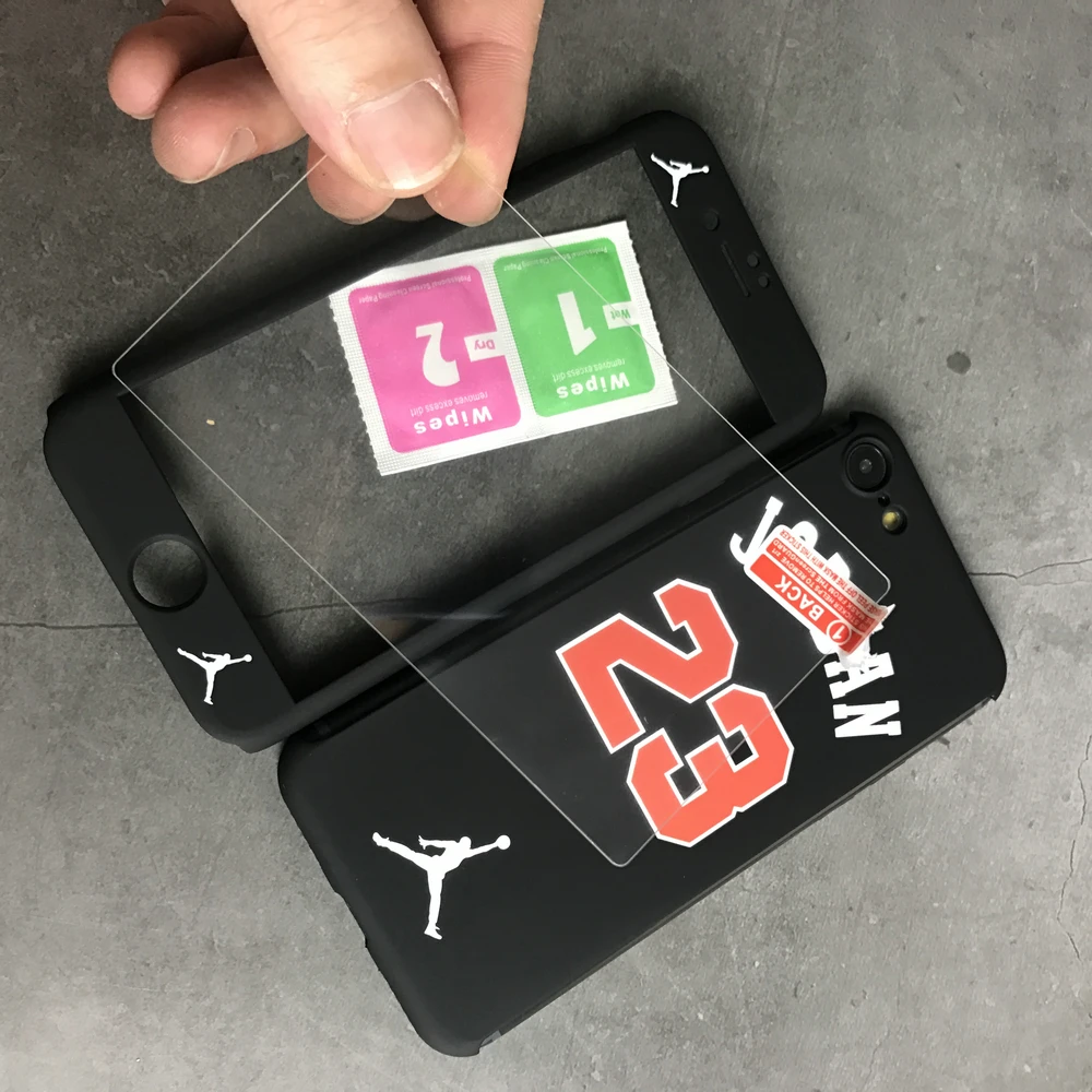 Jordan NBA Case 360 Full Protective PC Cover For iPhone XS max XR 7 8 360 Case with tempered glass Protector Film