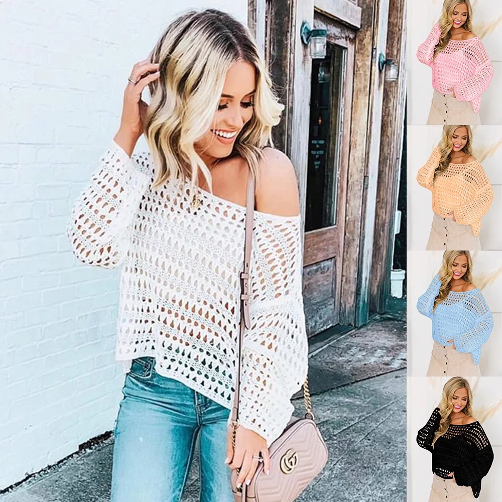 

2019 spring and summer new women's clothing spot four-color fishing net openwork sweater sexy blouse, White;pink;orange;black;light blue