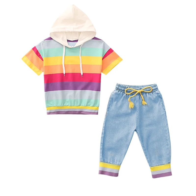 

2019 summer fashion girls clothing sets rainbow with jeans, Picture shows