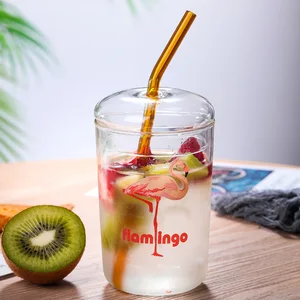 Image of Couple Milk Breakfast Cup With Glass Lid And Straw Customizable Logo Glass Coffee Cup Juice Mug