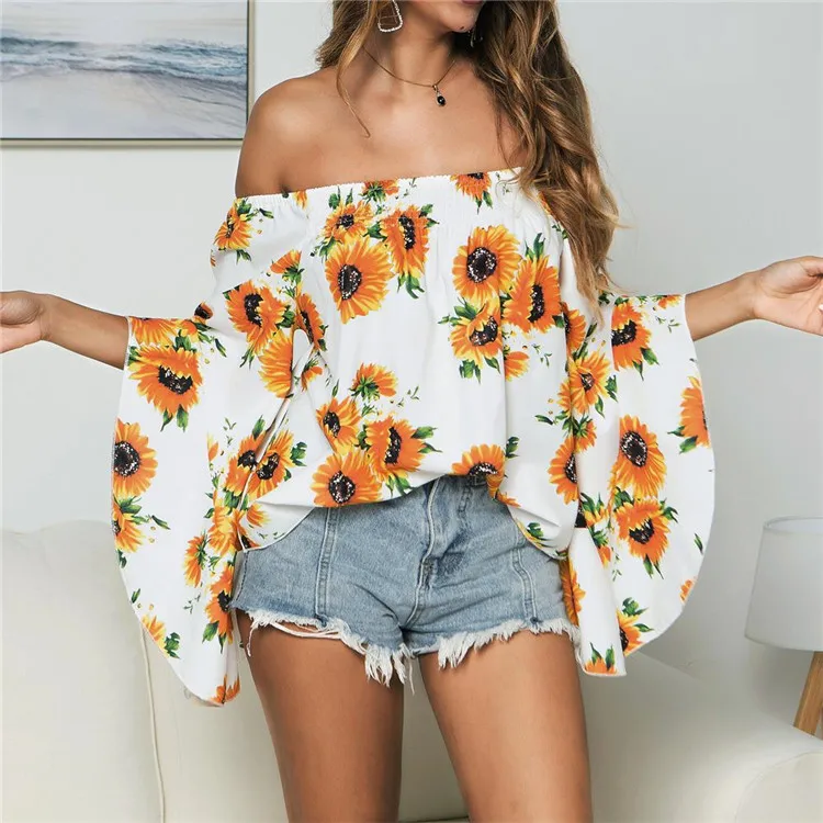 

Off Shoulder Sexy Women Blouse Long Ruffles Sleeve Elegant Ladies Shirts Floral Print Tops Famale 2019 Summer