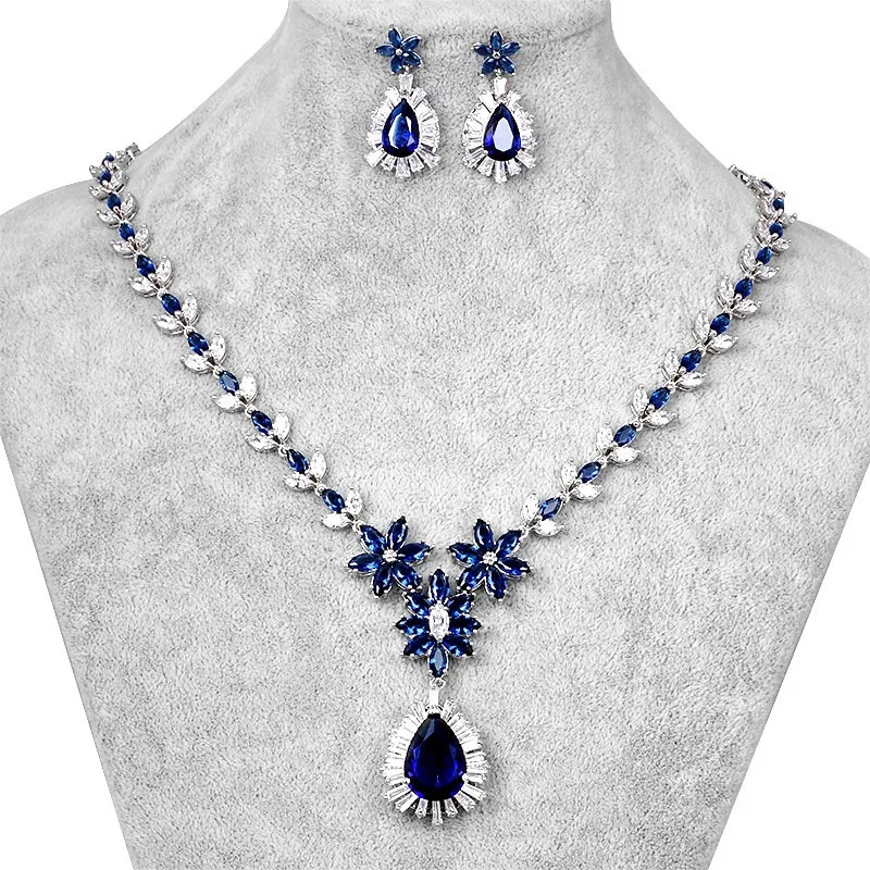

Genya Blue diamonds Necklace Set Wedding Bridal Jewelry Set Crystal Earrings Set Party Accessories For Women 2022, Silver