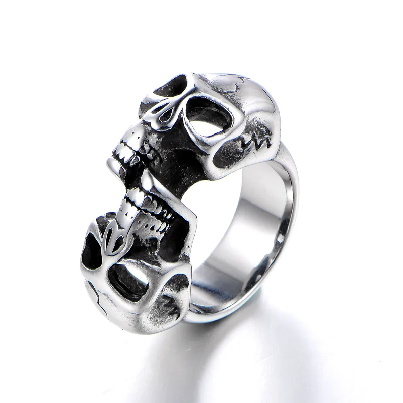 

High Quality Arrival Punk Double Head Skeleton Finger Band Jewellery Stainless Steel Skull Ring For Men Women, Silver/gold
