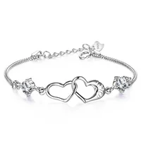 

Woman Double Love Heart Hollow White gold plated Bracelet femme Hand Chain Silver Plated Fashion For Lover's Jewelry