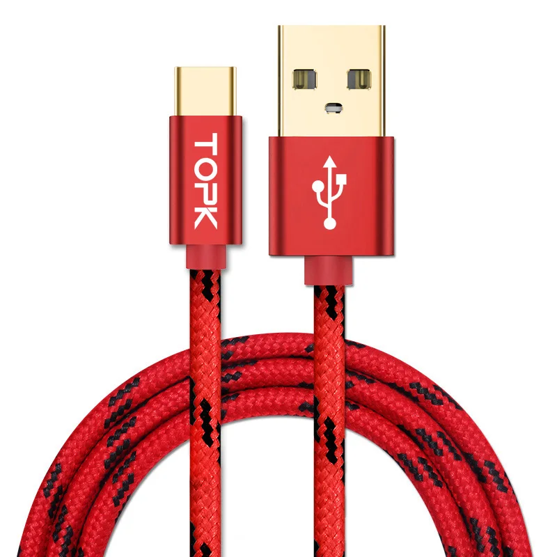 

Free Shipping TOPK AN09 2M QC3.0 Gold Plating Nylon Weave USB Type C Cable, Dark gray / gray / red / gold