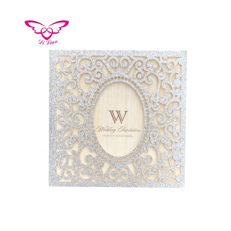 
Laser Cut Gold Glitter Paper Wedding Invitation Card 