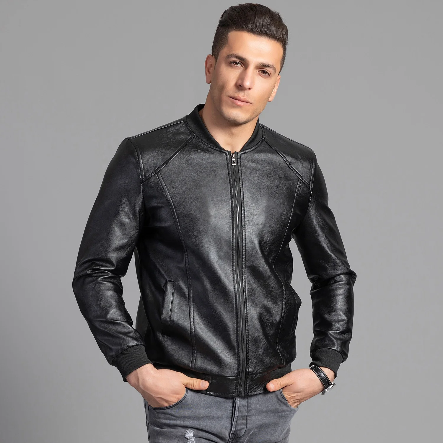 wholesale  zip opening mens  fashion jaket  side pockets  faux leather mens jackets