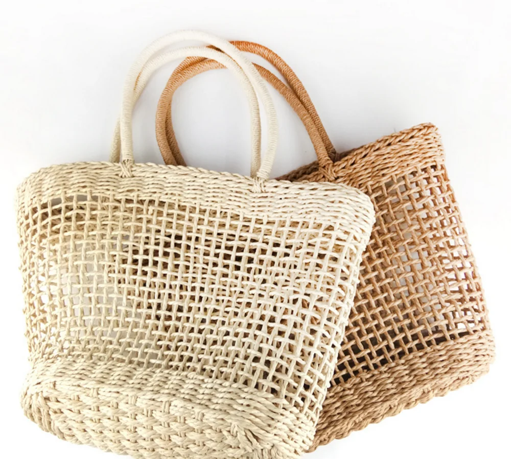 

2021 Amazon hot sale European raffia beach tote bag, seaside beach mesh bag straw basket custom, White/brown