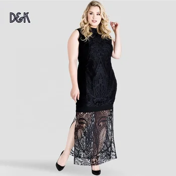 Plus Size Clover Sleeveless Turtleneck Black Lace See Through W