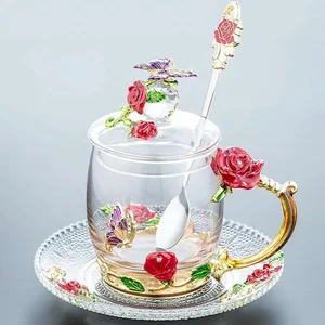 Image of Wholesale Gift Cup Enamel Rose Tea Coffee Drink Water Glass Cup With Handle