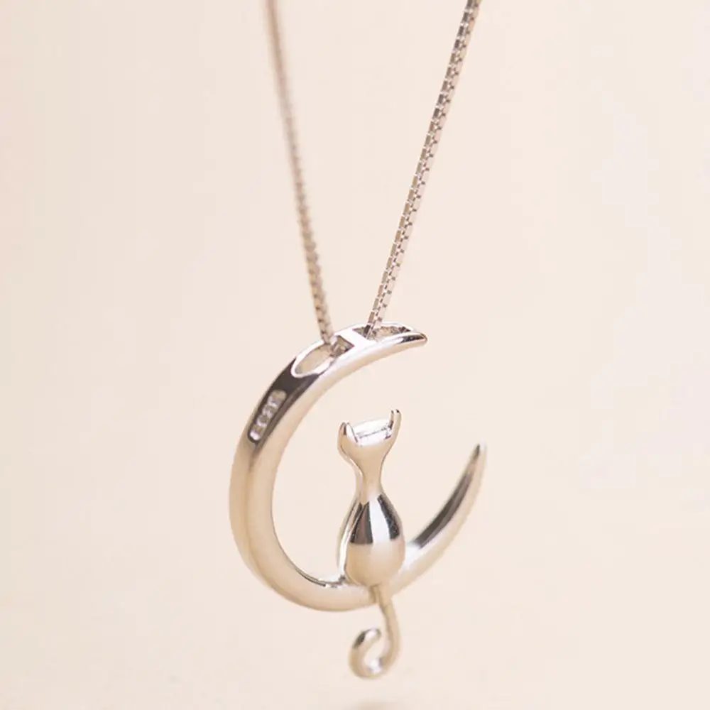 

Fashion Cat Moon Pendant Necklace Charm Silver Gold Color Link Chain Necklace For Pet Lucky Jewelry For Women Gift Shell hard, As the picture show