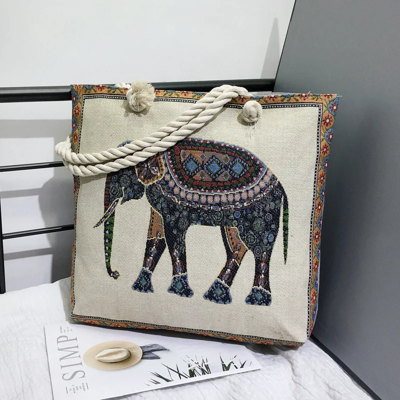 

ethnic style elephant embroidered shopping beach lady handbags casual tote bag canvas handbag