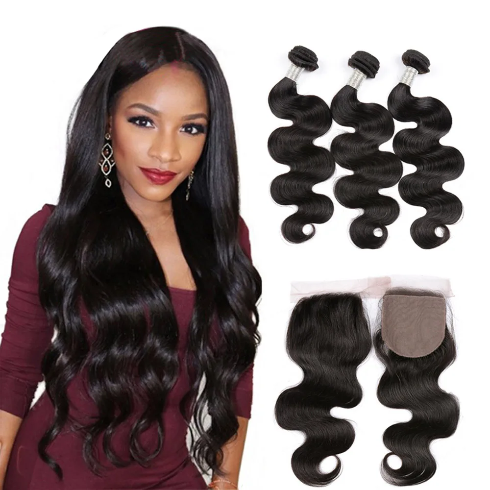 

Unprocessed virgin 3 bundles of malaysian body wave hair with closure 100 remy human hair, Natural color 1b