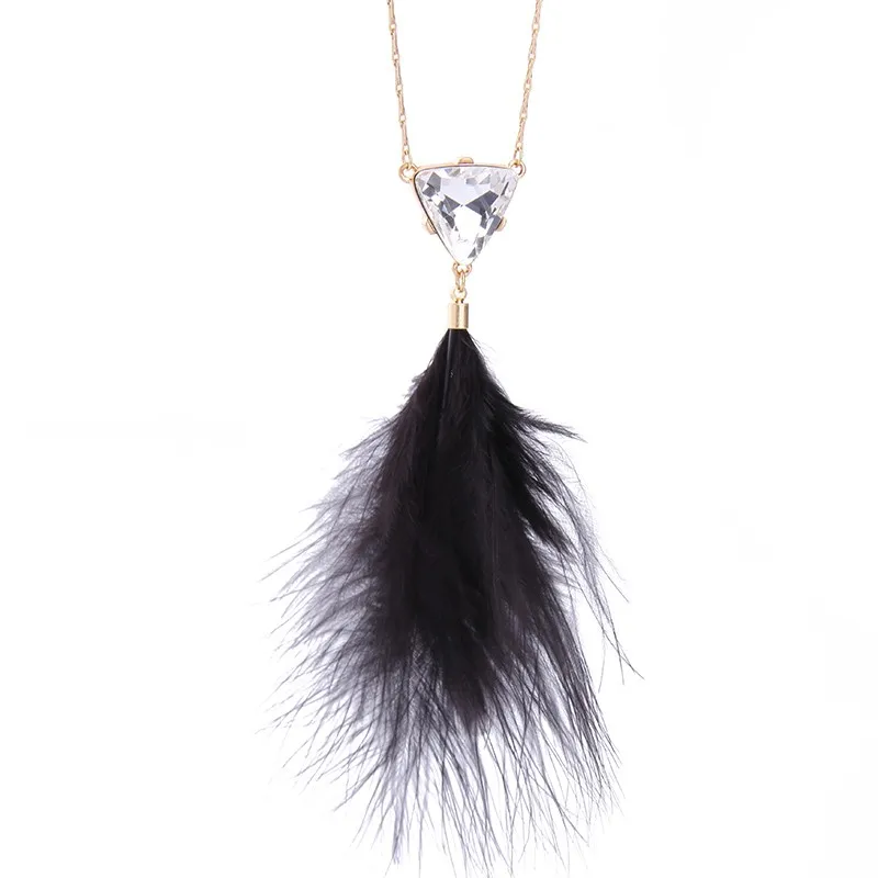 

xl00297b Trendy Pendant Triangle Crystal Vintage Gold Chain Black Feather Necklace