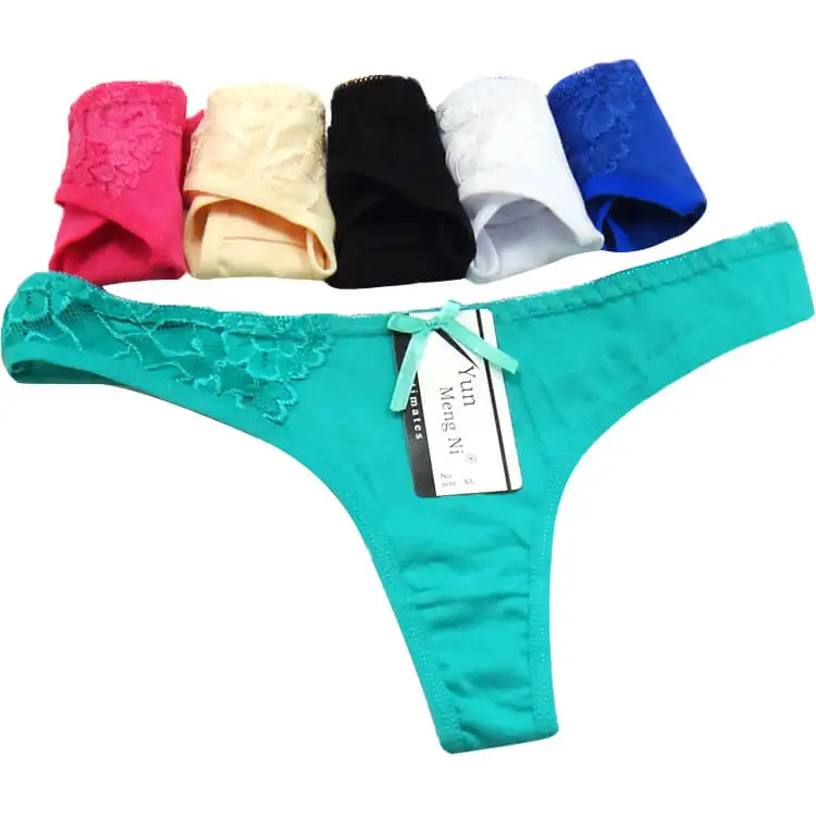 

Yun Meng Ni Underwear Transparent Sexy Lace Trims on Right Side Comfortable Cotton Ladies Thongs, Black,white,green,apricot,blue,rose