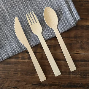 Image of Eco friendly natural disposable bamboo cutlery flatware spoon fork knife