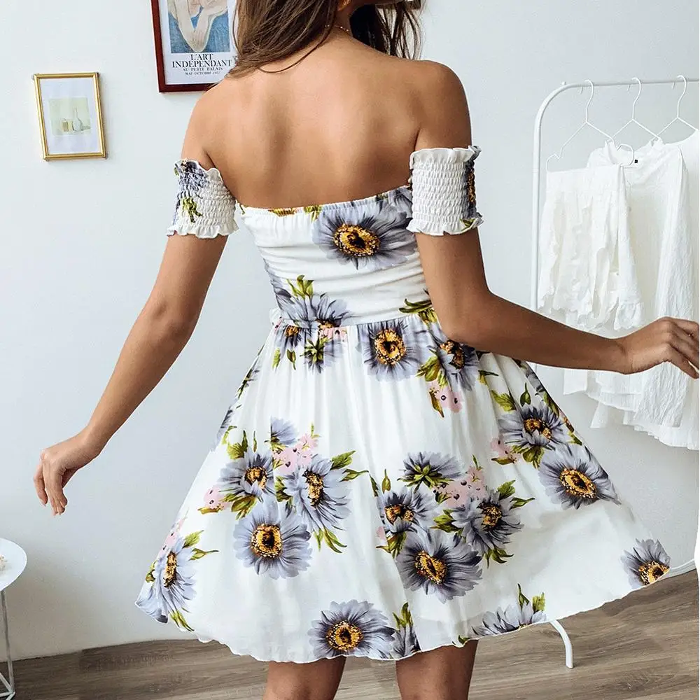 

2019 Fashion Summer Beach Off Shoulder Dress, Sunflower Floral Dress